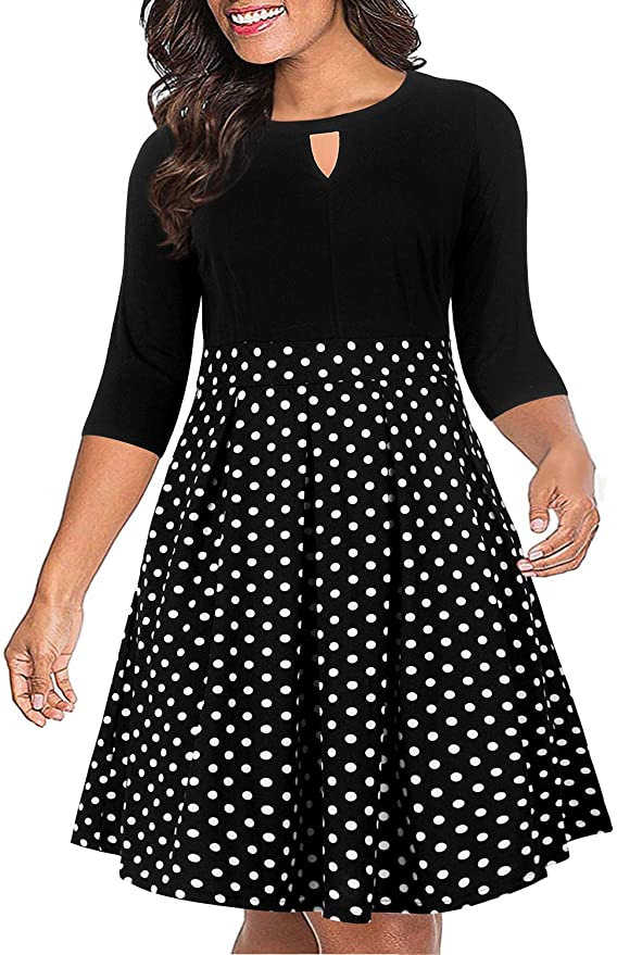 Nemidor Women's Vintage 3/4 Sleeve Patchwork Plus Size Flared Swing Party Dress with Pocket NEM223