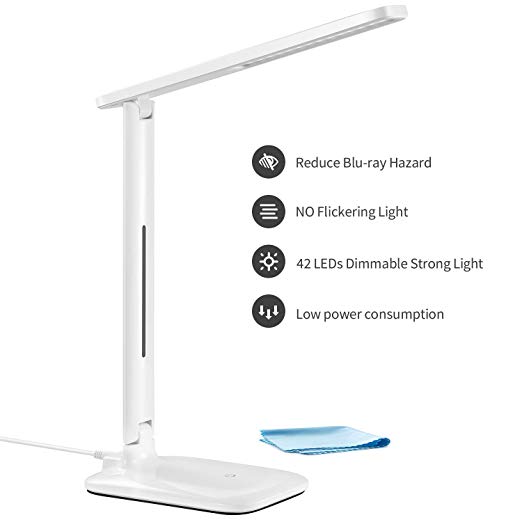 Topelek Desk Light, 42 LED Table Lamp with 3 * 3 Adjustable Brightness Modes, Energy-efficient and Eye-Caring, Sensitive Touch Control, Warm/Cool Brightness, Portable and Compact for Working [White]