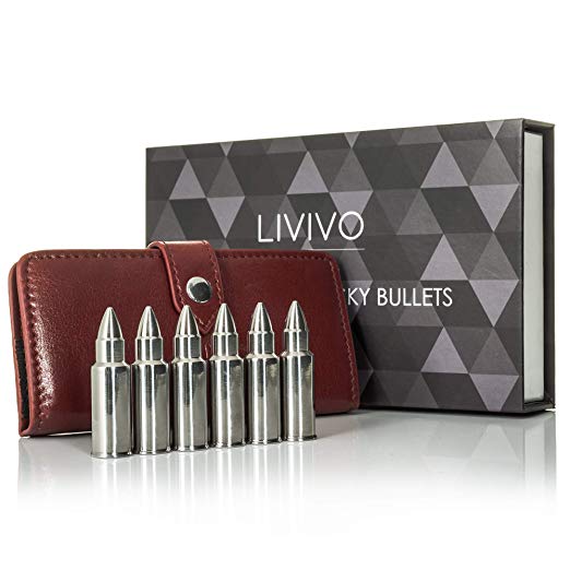 LIVIVO ® 6 Whisky Stones Bullets Ice Drink Chiller Cooler - Keep Beverage Cold - Reusable Whiskey Chilling Rocks In A Unique Bullet Design Comes In Presentation Gift Box And Leather Bullet Pouch