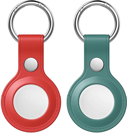 MoKo Protective Case for AirTag Tracker 2021, 2-Pack Genuine Leather Air Tag Holder with Keychain Accessories, Easy Carry Anti-Lost AirTag Cover for Dogs, Backpacks, Red & Green