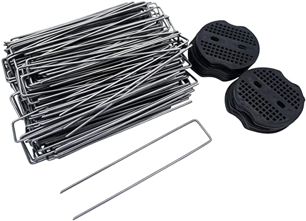 150 Pcs 6 Inch Garden Landscape Sod Staples Fence Stakes Pins - Anti-Rust Stakes with Plastic Gasket for Anchoring Weed Barrier Fabric Ground Cover Landscaping Tubing Garden Staples (150 PCS)