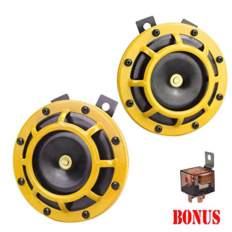 GAMPRO Eletric Car Horn Kit 12V 135db Super Loud High Tone and Low Tone Metal Twin Horn Kit with Bracket for Cars Trucks SUVs RVs Vans Motorcycles Off Road Boats(Yellow)