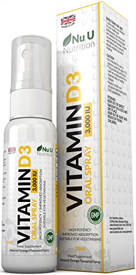 Vitamin D3 Spray 3,000 IU 30ml, Double the Size of Competing Brands, Natural Orange Flavoured, High Potency, Improved Absorption Vegetarian Vitamin D3 Spray by Nu U Nutrition