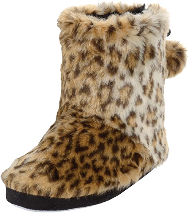 Ladies Plush Faux Fur Leopard Animal Print Lined Bootie Slippers with Pompoms