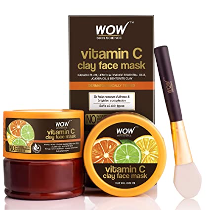 WOW Skin Science Vitamin C Glow Clay Face Mask with Lemon & Orange Essential Oils, Jojoba Oil & Bentonite Clay - For All Skin Types - No Parabens, Synthetic Fragrance, Mineral Oil & Color - 200 ml