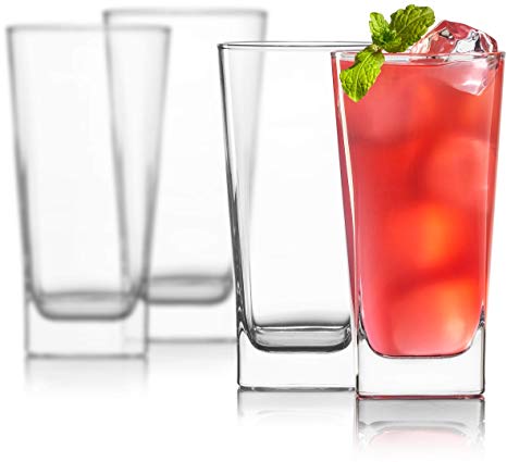 Highball Glasses [Set of 4]   4 Stainless Steel Straws | Lead-Free Crystal Clear Glass | Elegant Drinking Cups for Water, Wine, Beer, Cocktails and Mixed Drinks | Round Top, Square Bottom
