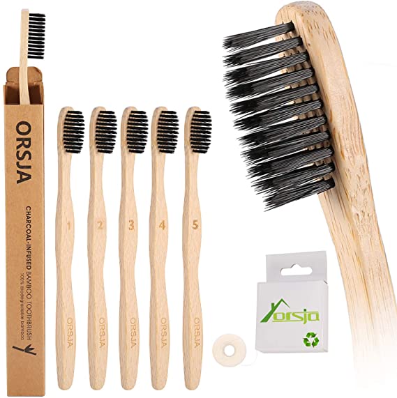 Bamboo Toothbrushes - Family 5 Pack with Free Dental Floss, UK Design, Eco-Friendly & Biodegradable Wooden Toothbrush, Medium Soft Bristles, for Home and Travel