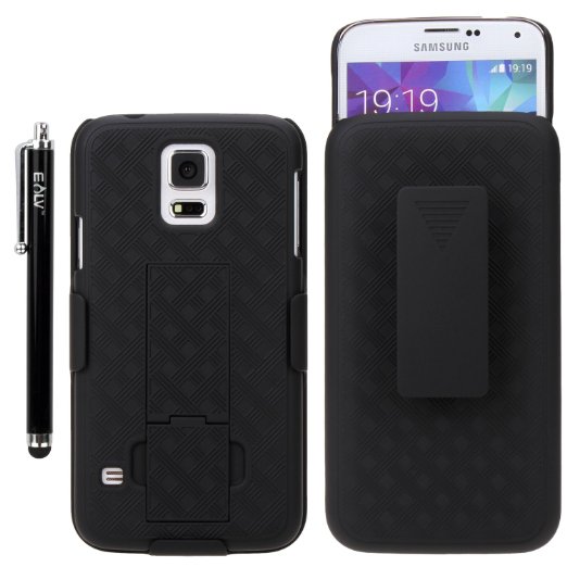 E LV Hybrid Armor Protection Defender Case with Built-in Belt Swivel Clip Holster Kickstand for Samsung Galaxy S5 Bundle with Stylus, Screen Protector and Microfiber Sticker Digital Cleaner - Black