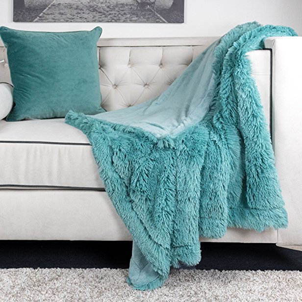 Homey Cozy Faux Fur and Flannel Teal Throw Blanket, Super Soft Shaggy Fleece Fuzzy Lightweight Wool Plush Blanket for Sofa Couch Decorative Floor, 50"x60"