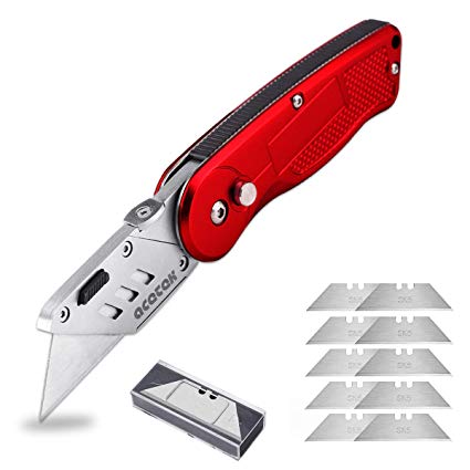 acetek Utility Knife Box Cutter,Pocket Folding Utility Knives Retractable with 10pcs Stainless Steel Blades, Belt Clip, Safety Quick Change Blade and Lock-Back Design