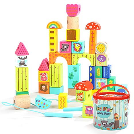 TOP BRIGHT Wooden Building Blocks Set, Gifts for Toddlers, Toys for 2 3 Year Old Boys Girls, Educational Toys, Colored Animal Blocks Lacing Beads, 38 Pieces