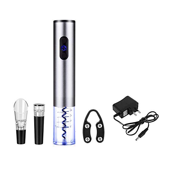 Electric Wine Opener Set Electric Corkscrew Bottle Opener with Foil Cutter, Wine Pourer and Stopper (Silver)