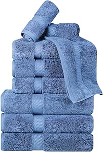 SUPERIOR Egyptian Cotton Pile 9 Piece Towel Set, includes 3 Bath, 3 Hand, 3 Face Towels/Washcloths, Ultra Soft Luxury Towels, Thick Plush Essentials, Guest Bath, Spa, Hotel Bathroom, Denim Blue