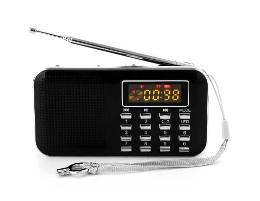 Mifine Mini Digital AM/FM Pocket Radio Fashion Stereo Sound Portable Speaker Mp3 Music Player Support TF Card / USB Disk with LED Screen Display and Emergency Flashlight Function(C896 black)