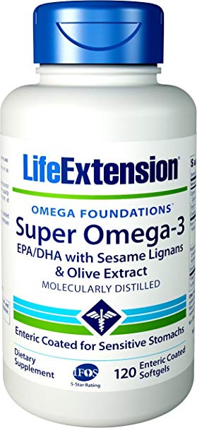 Life Extension Super Omega-3 (Fish Oil) EPA/DHA with Sesame Lignans & Olive Extract, 120 Enteric Coated Softgels