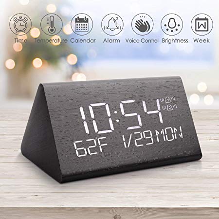 Warmhoming 2019 Updated Wooden Digital Alarm Clock with 7 Levels Adjustable Brightness, Display Time Date Week Temperature for Bedroom Office Home