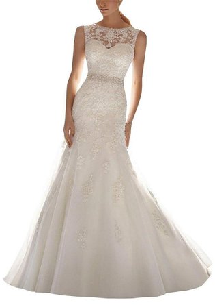 G Marry Women's Scoop Neck Mermaid Lace Wedding Dress with Court Train
