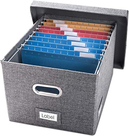 Prandom File Organizer Box - Set of 1 Collapsible Decorative Linen Filing Storage Hanging File Folders with Lids Office Cabinet Letter/Legal Size (17x14x11.2 inch)…