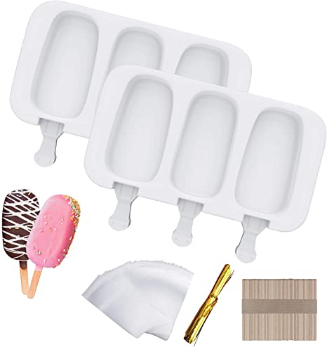 Ouddy 2 Pack Popsicle Molds for Kids, 3 Cavities Silicone Ice Pop Molds Oval with Lids & 50 Wooden Sticks & 50 Parcel Bags & 50 Sealing Lines for DIY Ice Popsicle - White