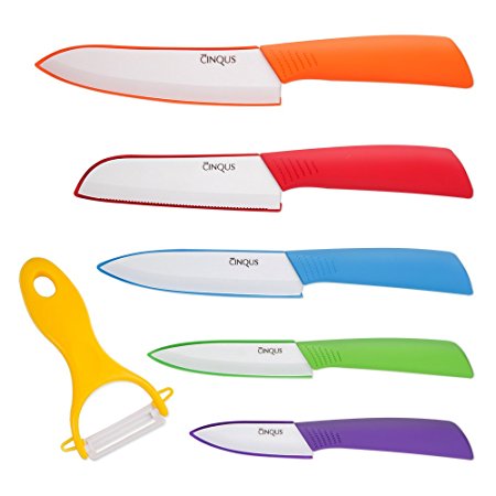 Ceramic Knife Set - CINQUS 6 Kitchen Knife with Sheath Covers - Chef Knife Sets with Carving Serrated Utility Chef's and Paring Knives
