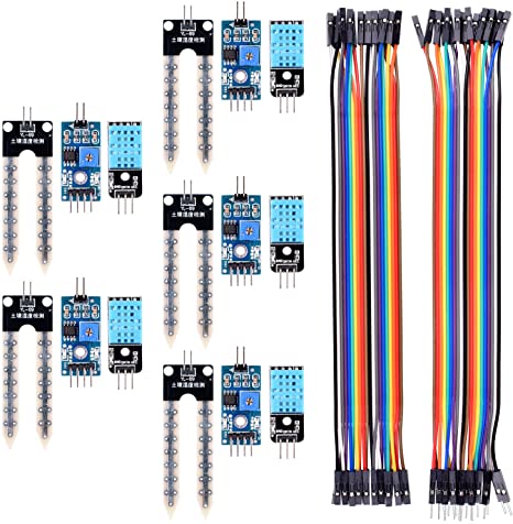 kuman for Arduino Raspberry pi, 5PCS Soil Moisture Sensor Module and 5 PCS Temperature Humidity Sensor with 20PIN Female to Female Dupont Jump Cable 20PIN Male to Female Jump Wires KY71