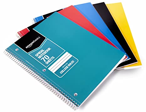 AmazonBasics College Ruled Wirebound Notebook, 70-Sheet, Assorted Solid Colors, 5-Pack