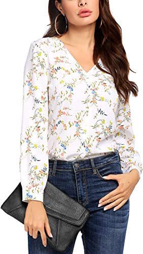 Beyove Women's Floral Blouse Lantern Long Sleeve Chiffon Shirt Casual V Neck Work Button Tops
