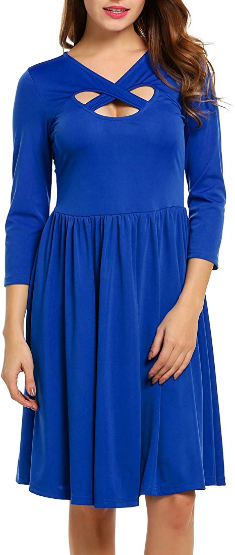 ACEVOG Women's Cross Neck Cut Out 3/4 Sleeve Fit and Flare Party Pleated Dress