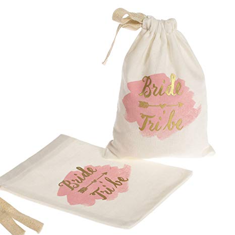 Ling’s Moment 10pcs 5”x7” Gold Foil Bride Tribe Bridesmaid Gift Bags w/Pink Watercolor - Cotton Muslin Drawstring Bags for Bridal Shower Bachelorette Hen's Party Hangover Kit Hangovers Bag