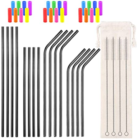 Metal Straws Reusable 8.5" 10.5" 6mm Bent Straight for 20 30oz Cups, 16 Black Stainless Steel Drinking Straws   24 Silicone Tips   4 Cleaner Brush   1 Pouch