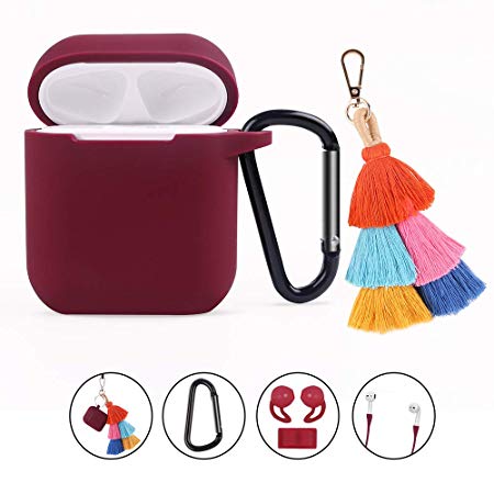 Airpods Case Cover - 6 in 1 Airpods Accessories Set with Tassel Keychain Compatible with Airpods 1 & 2 [Front LED Not Visible] Protective Silicone Cover Cute Case (Burgundy)