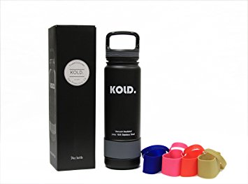 KOLD. Sports Water Bottles - Vacuum Insulated Stainless Steel Sports Bottle, Wide Mouth, 18 - 40 Ounce, with Caribiner Handle Lid, and Silicone Sleeves