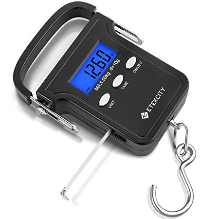 Etekcity 110lb/50kg Electronic Balance Digital Fishing Scale, Portable Hanging Hook Luggage Scale with Measuring Tape, Backlit LCD Display, Carry Bag Included