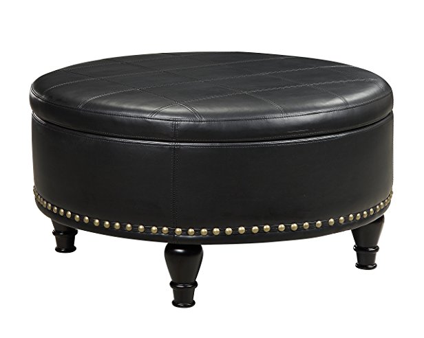 Office Star Augusta Eco Leather Round Storage Ottoman with Brass Color Nail Head Trim and Deep Espresso Legs, Black