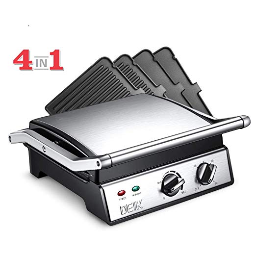 DEIK Electric Contact Grill Griddle, 1800W 6-in-1 Smokeless Indoor Grill with 4 Non-Stick Removable Plates, Heating Electric Tabletop Grill, Timer, Temperature Control,for Party/Home, Dishwasher-safe