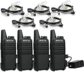 Retevis RT22 Walkie-Talkies Rechargeable Long Range 16 Channel VOX Scan Emergency Alarm 2 Way Radio(4 Pack) Bundle with Acoustic Tube Earpiece (5 Pack)