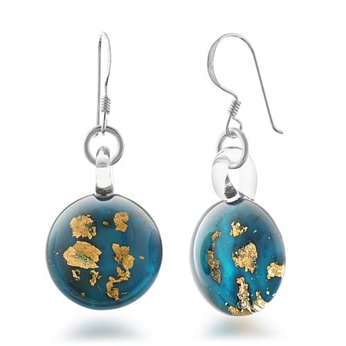 925 Sterling Silver Hand Blown Murano Glass Golden Stardust Blue Sky Dangle Earrings