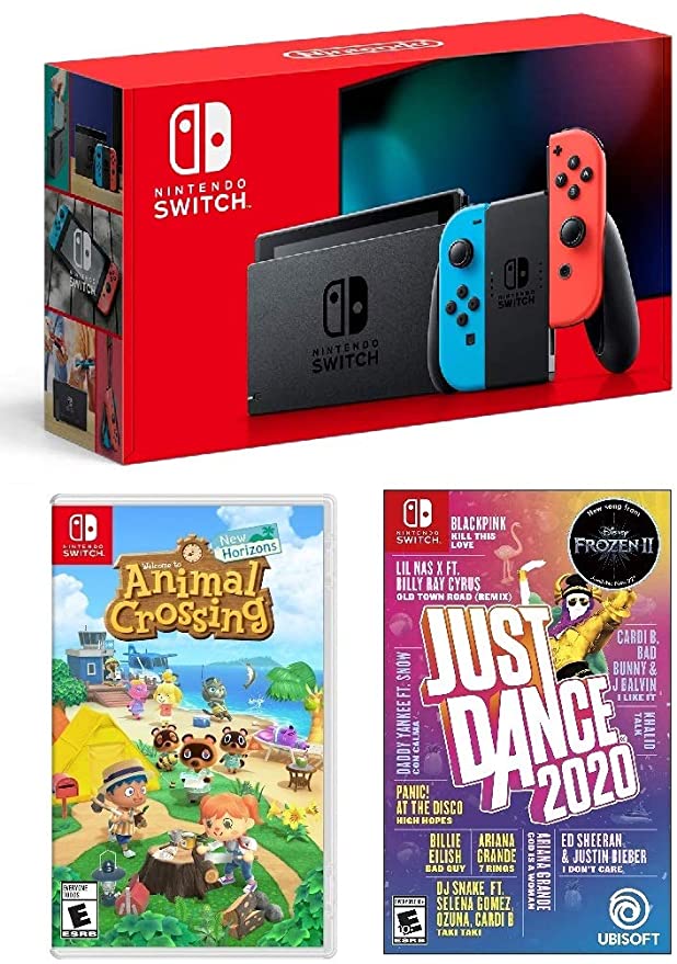 Nintendo Switch HAC 001 with Red & Blue Joy-Con   Just Dance 2020 (Disc) & Animal Crossing: New Horizons (Disc) Game Bundle