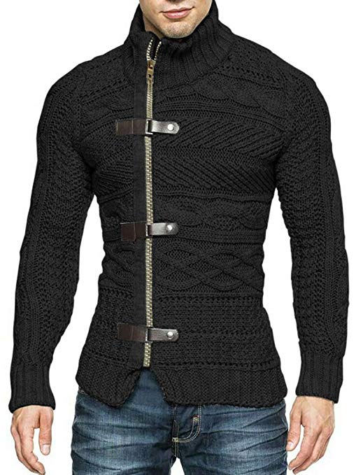 Karlywindow Men's Cable Knitted Oplique Zip Button Front Long Sleeve Cardigan Sweater