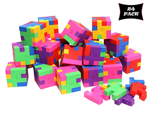 Smart Novelty Cube Puzzle Erasers Kids School Supplies Party Favors - Bulk Pack Of 24 Colorful Mini Geometric Erasers