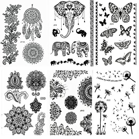 Pinkiou Pack of 6 Sheets Tattoo Stickers Lace Mehndi Temporary Tattoos Fashion Body Art Stickers (Black)