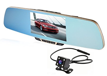 Dash Cam, CiBest HD1080p Dual Lens Car DVR [Rear View Mirror] [Car Camera][car video recorder] with G-Sensor, Motion Detection, Parking Monitoring, 170° Wide angle