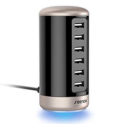 USB Charger, Multi Wall Charger - Seenda 6-Port USB Charging Station with Smart Identification - Black & Gold