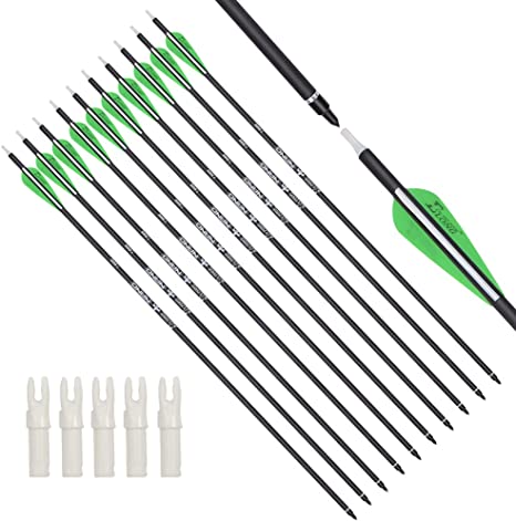 Archery Bow Carbon Arrow Hunting Target Practice Arrows 26/28 / 30 Inch with Removable Tips for Compound & Recurve Bow Spine 500 12PCS Pack