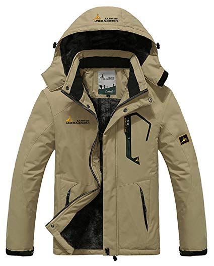 HOW'ON Men's Snow Jacket Waterproof Ski Jackets Winter Hooded Mountain Fleece Outwear Detachable Hood Windproof Fleece Coat