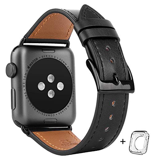 Compatible iWatch Band 42mm 44mm, Top Grain Leather Band Replacement Strap iWatch Series 4,Series 3,Series 2,Series 1,Sport, Edition (Black Band Black Buckle, 42mm 44mm)