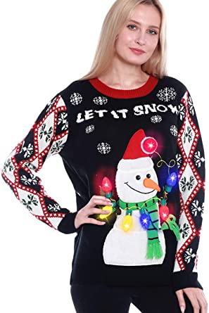 Camlinbo Light Up Women’s Christmas Sweater, Snowman Santa Hat Ugly Sweater Knit Holiday Funny Sweatshirt
