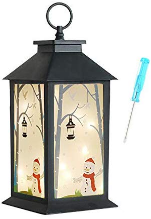 Christmas Decorative Lanterns for Indoor 14" Hanging Black Lanterns with 20 LED Fairy String Lights Battery Operated Tabletop Led Light with Snowman Glass