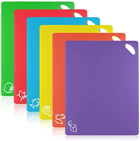 Kinghouse Cutting Board Mats Flexible Plastic Colored Mats With Food Icons, Non-Porous, Anti-skid back Safe, Set of 6