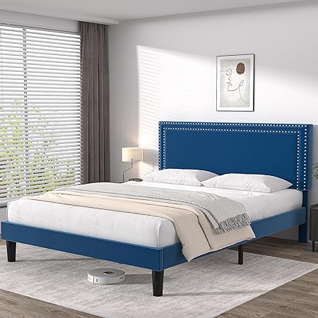 VECELO Queen Size Platform Bed Frame with Height Adjustable Upholstered Headboard, Modern Mattress Foundation,Strong Wood Slat Support, No Box Spring Needed, Easy Assembly